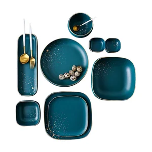 Image of 11 Piece Gold Rimed Charger Plates Square Deep Green Dinnerware Place Setting
