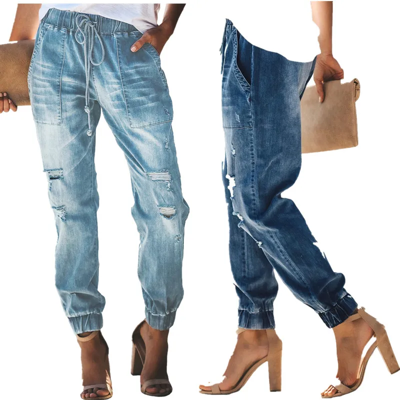 

Fashion OEM Low MOQ Distressed Design Denim Jeans Wholesale China, Black;blue;sky blue