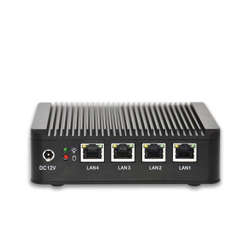 

fanless 4lan mini pc with j1900 low cost pfsense firewall 12V DC manufacturer in china, Silver/black
