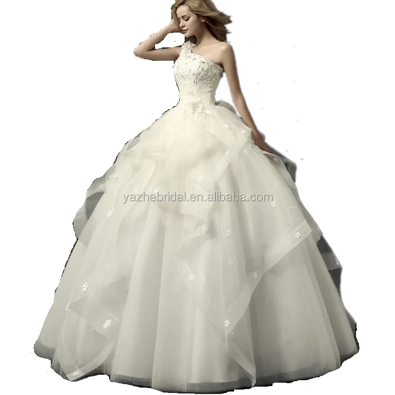 

One Shoulder Ruffles Lace Wedding Dress Gowns, Custom made
