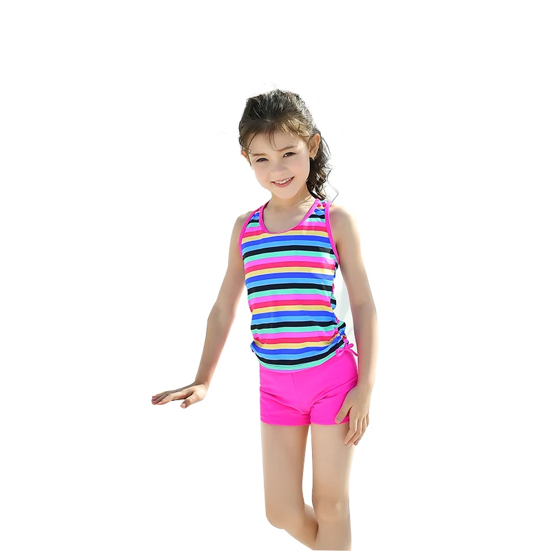 

Price Down Sports Girl's Multicolor Striped Print T shirt and Short Swimsuit, Pink and blue