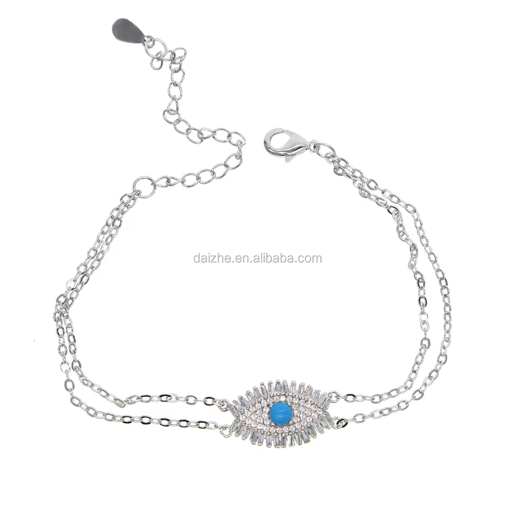 

2021 fashion 16+5 cm link chain bracelet with blue enamel eye shape charm bracelet with double chain for women