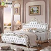 Luxury Carved Rose Romantic White Design Leather Upholstery Wooden Wedding Bedroom Furniture