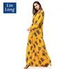 2019 The Hot Selling Yellow Flower Printing Party Style Long Sleeve Muslim Women Abaya Maxi Dresses