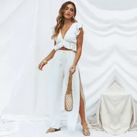 

Sexy Fashion 2019 two piece set women clothing High slit pants Casual White V Neck Bodycon ropa para mujer