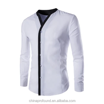 mens white collarless dress shirt