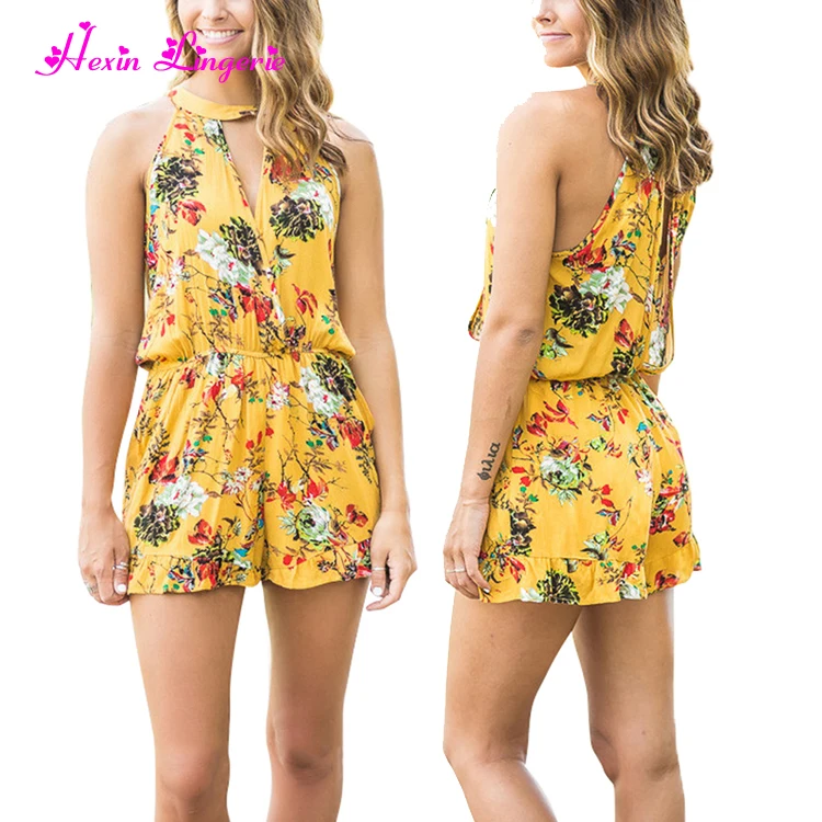 

Women Summer Custom Printed One Piece Halter Yellow Jumpsuits Women