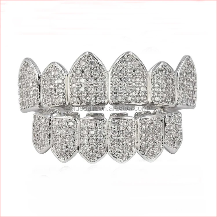 

18K White Gold Plated Custom Slugs Cubic Zirconia Micro Pave grills TG140-S1, Silver;real gold