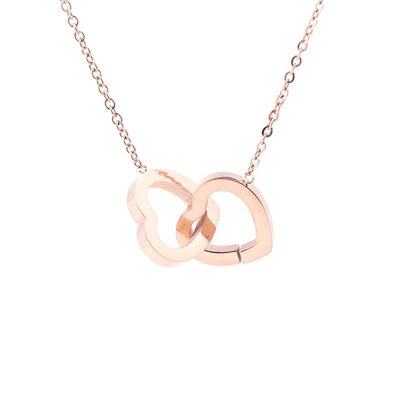 

Stainless Steel Interlocking Hearts Double Peach Heart Collarbone Chain Necklace, Rose-gold