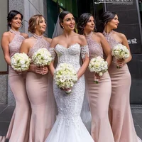 

Elegant Halter Lace Appliqued Mermaid Wedding Bridesmaid Dresses 2019