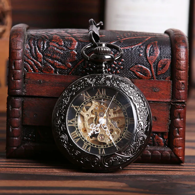 

Antique hollow Black Manual Wind Hand Winding mechanical Retro Mechanical pocket watch