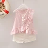 Cute child girl ruffle cotton top pink white stripes blouse blank shorts with pockets kids clothes