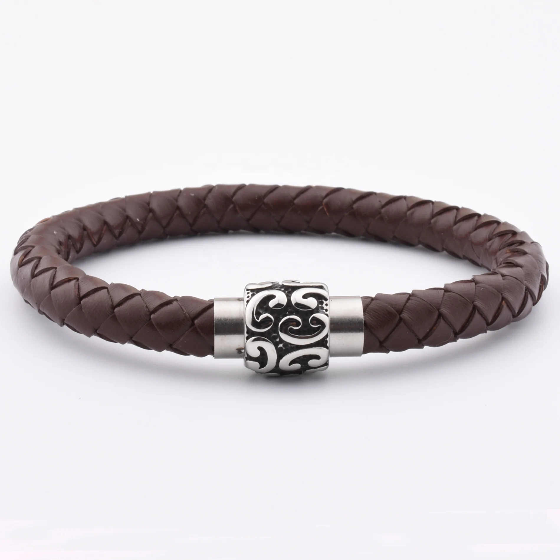 

2021 Trending Products Stainless Steel Charm Brown Leather Rope Bracelet