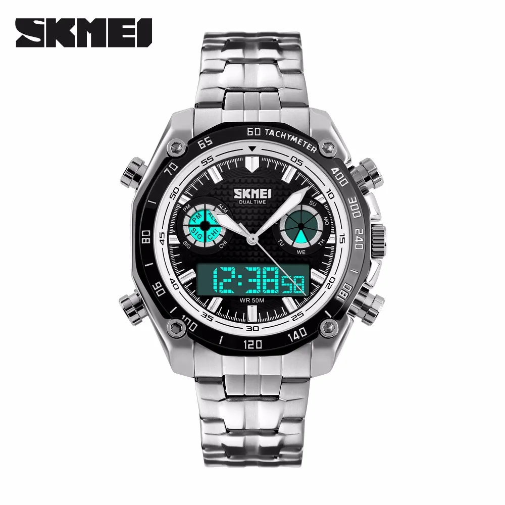 

SKMEI 1204 luxury 304 stainless steel bands led quartz dual time japanese movement 30m waterproof sports men watches