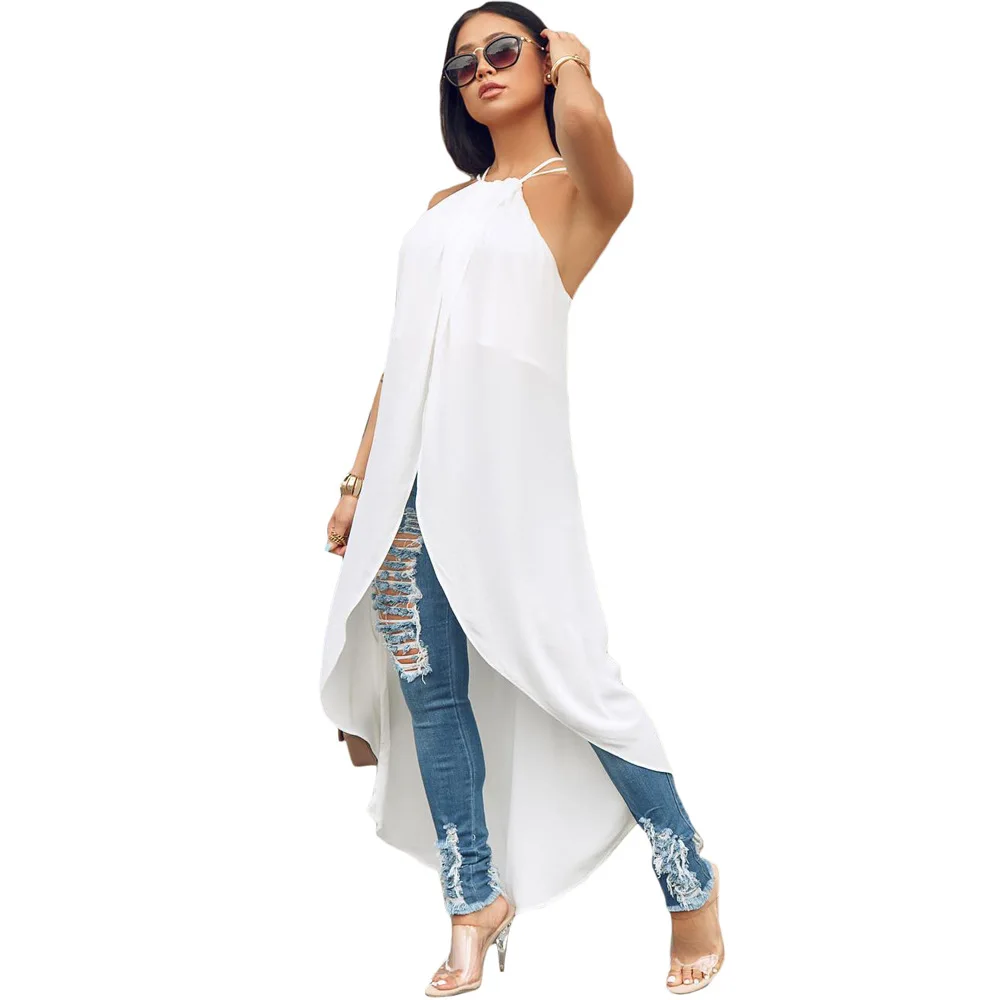 

Mainstream fashion Split Side long Tunic soft touch fabric Curved asymmetric hemline design for womens top blouse