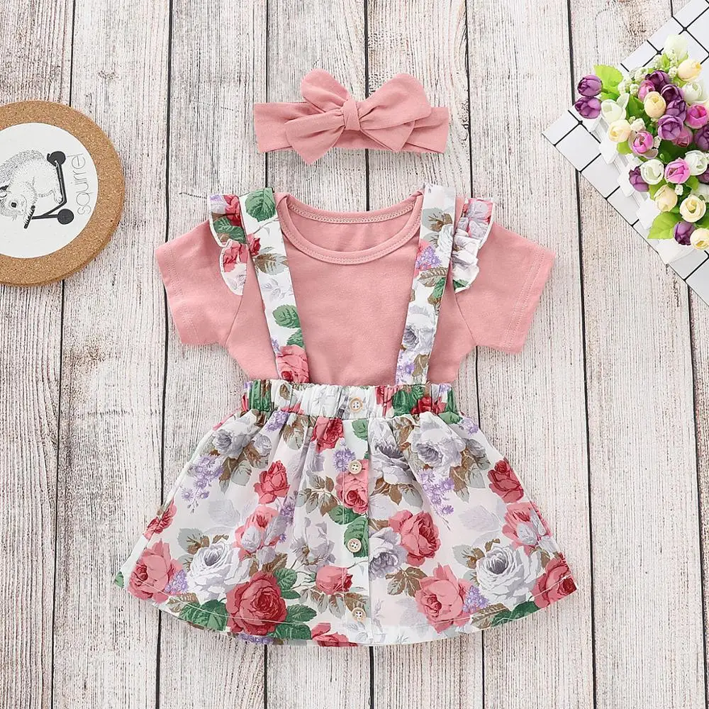 

3 Pieces Set Toddler Girl Summer Outfit Set Pink Flower Fly Sleeve Romper and Suspender Floral Skirt Headband Clothing Set, As photos