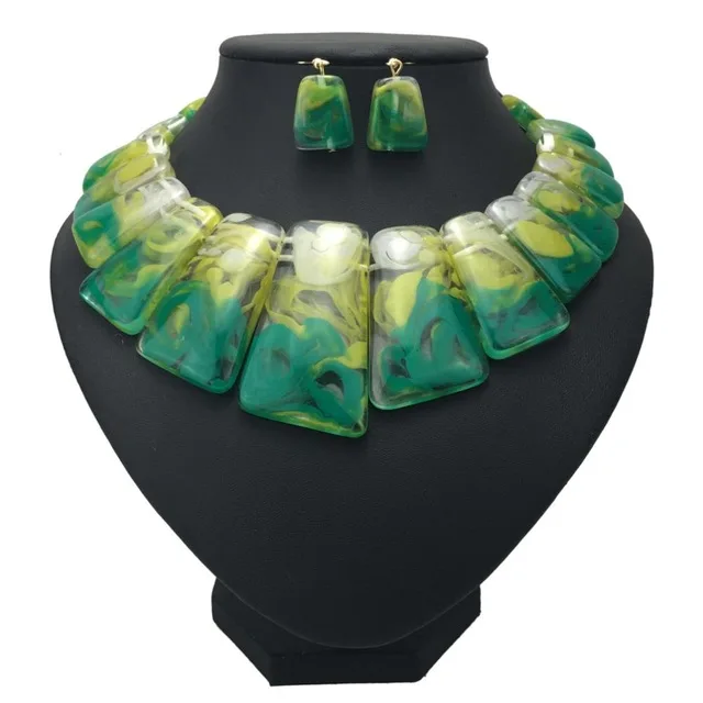 Boho Big Colouration Clear Resin Statement Jewelry Sets Elegant Necklace Earrings Women Geometric Choker Fashion Set, Black , green , orange