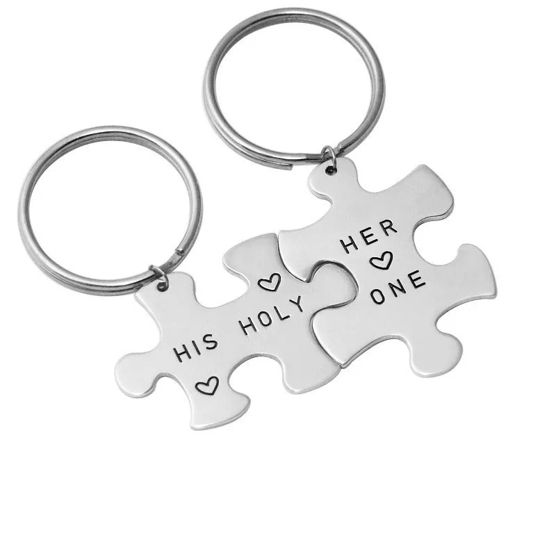Personalized couple Keychain set, Alloy puzzle Keychain, Customized Name Keychain hand stamp