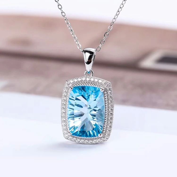 

China jewellery display stand 925 silver plated square shape blue topaz big stone pendant necklace for women