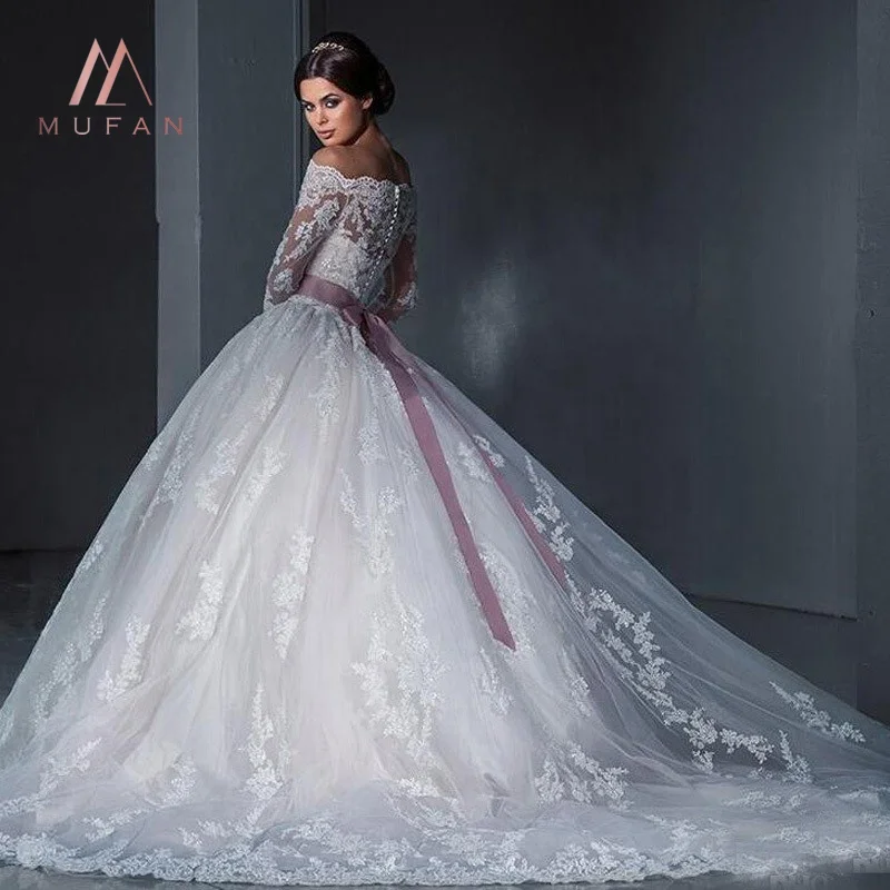 A-Line Long Transparent White Long Round Neck Tulle Lace Applique Luxury Wedding Princess Prom Dress With Sleeve
