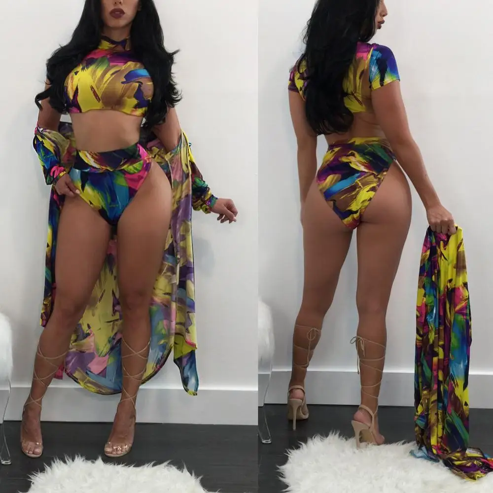 Multicolored Women Beach Three Pieces Set Swimwear Women Sexy Bikini SNFZ K0659