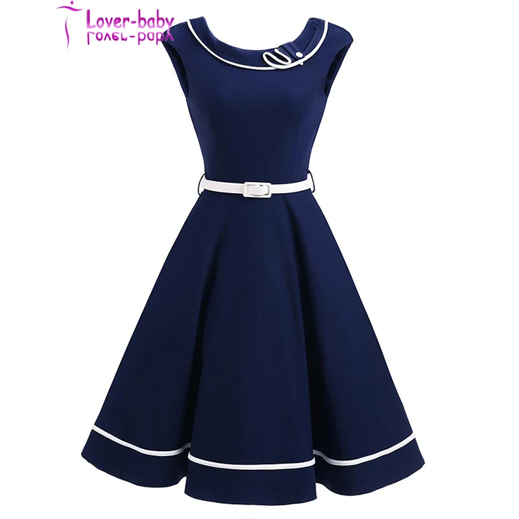 

Ladies fashion Sleeveless Belt Navy Swing long Dresses L362052