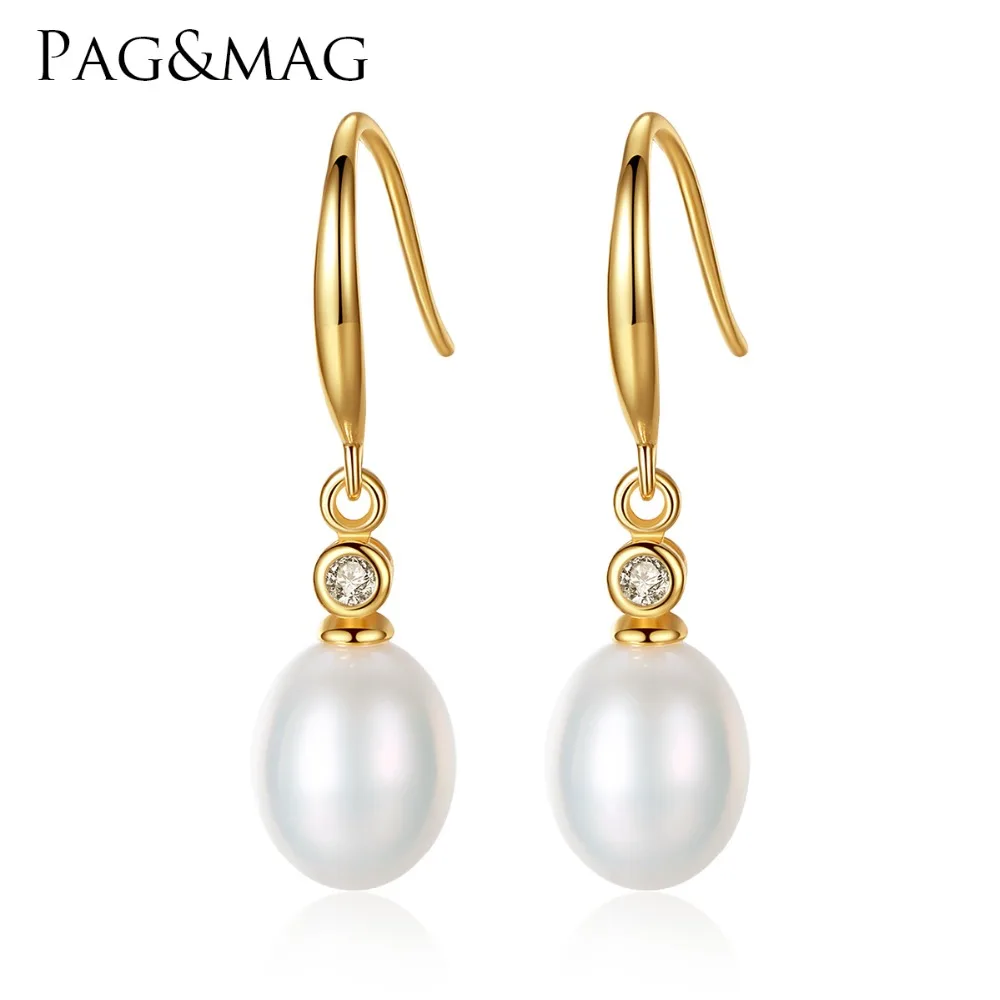 

PAG&MAG Brand Classic Fine Jewelry Women Gift Freshwater Natural Pearl S925 Silver Jewelry Wire Hook Drop Earrings