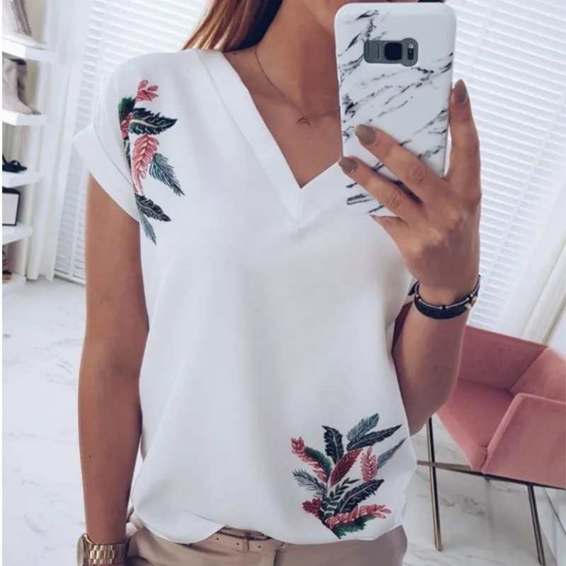 

Short Sleeve Women T Shirt Blouse Summer V Neck Floral Printed T-Shirt, Gray, pink, white