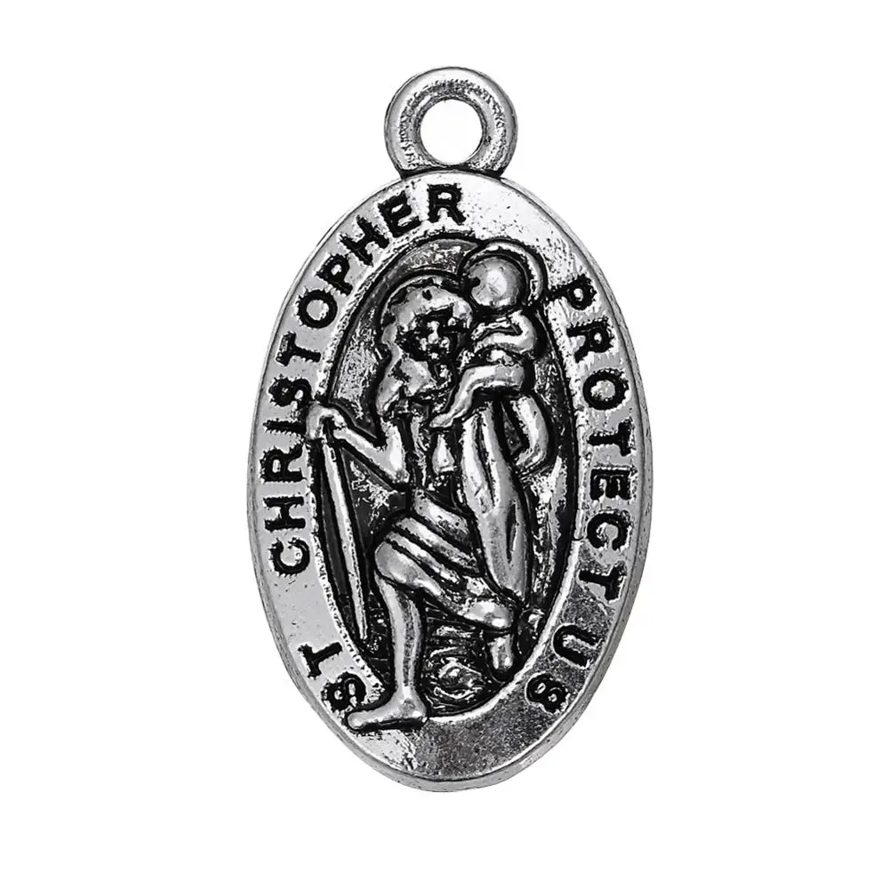 

Free Shipping Small MOQ Oval Shape Antique Silver Plating Small St. Christopher Religious Charm