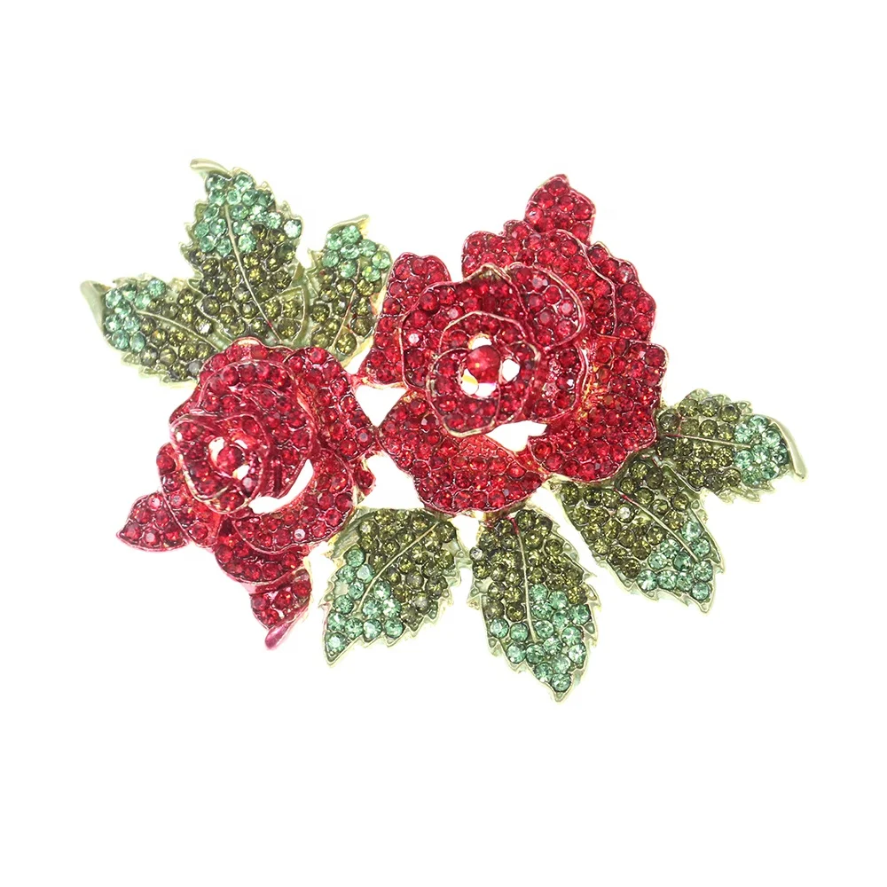 

70mm Custom Two Elegant Red Crystal Rose Flower Brooch Pin Silver Tone Plant Flower Brooch Lapel Pins For Valentine's Day Gift, Picture