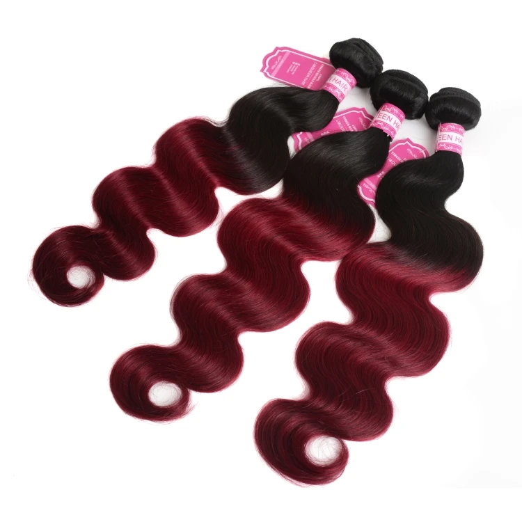 

Wholesale 100% Unprocessed Brazilian Human Hair Weaves Body Wave Extension 9A Ombre Hair Bundles 1B/Burg Color hair weft, Two tone colors