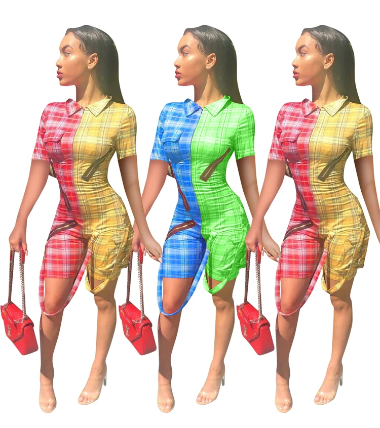 

0625M0167 fashion contrast color plaid short sleeve woman shorts jumpsuit bodysuit