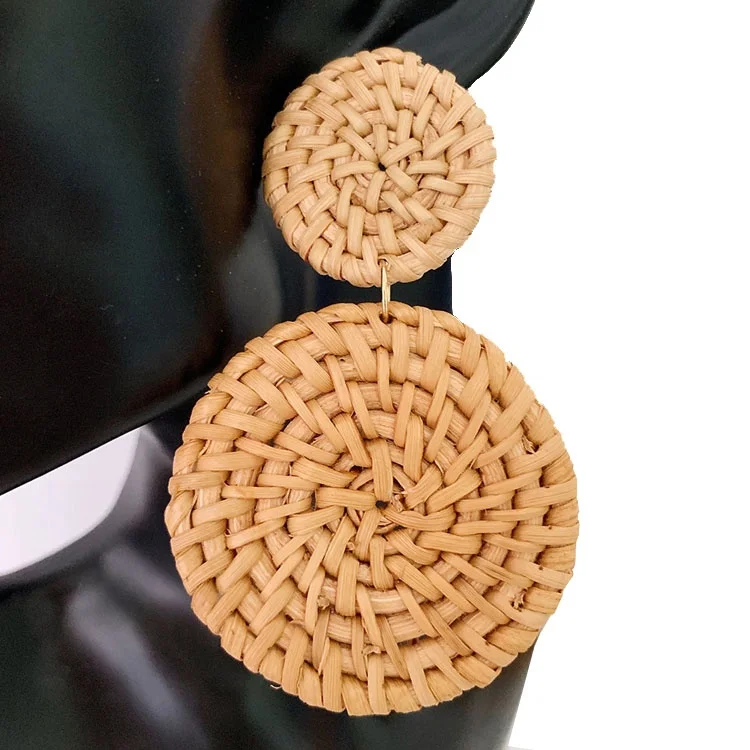 

Fashion Rattan Disc Earrings Natural Drop Earrings, White & brown