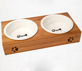 Small Dog And Cat Pet Feeder Bamboo Elevated Wooden Pet Bowls