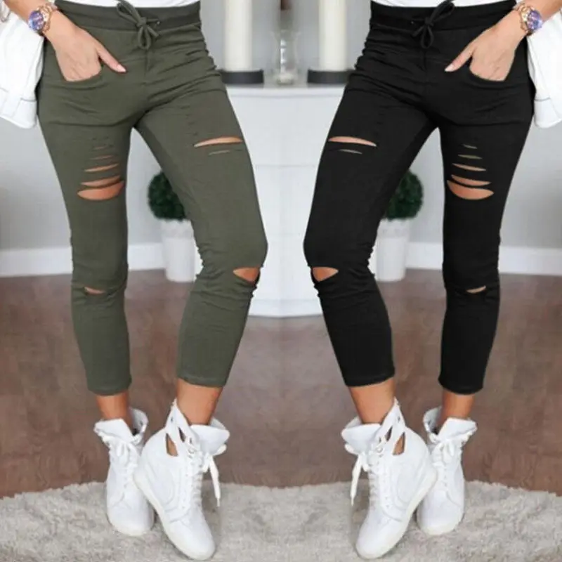 

Women's Fashion Broken-hole Stretch Pants Casual Slim Pencil Pants Elasticity Tights Sexy Women Pants, White, black, military green