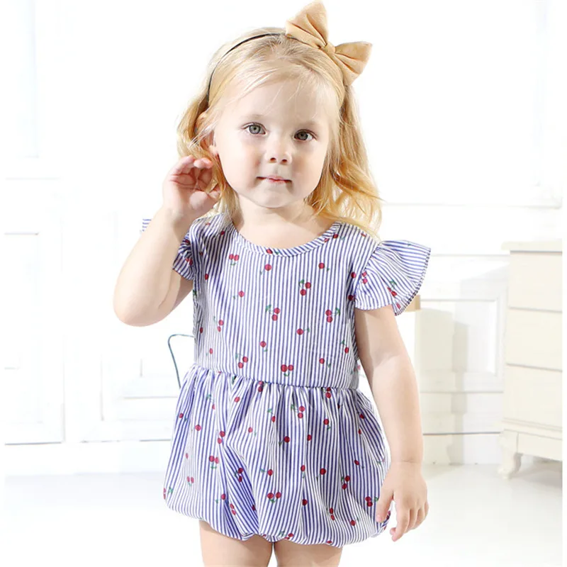 

2019 european style cherry prints baby girl summer flutter rompers, Customized