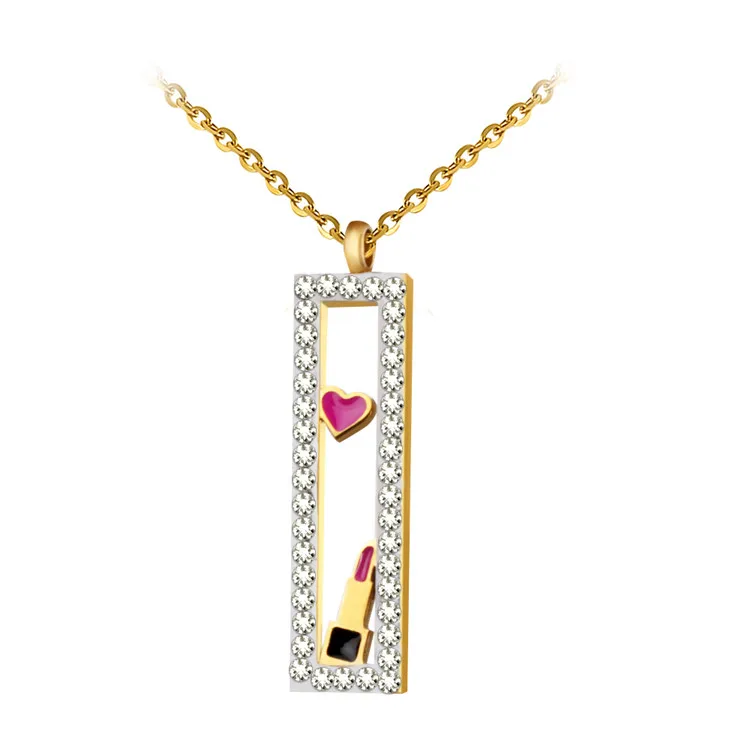 

Stainless Steel CZ Gold Bar Pendant With Heart And Lipstick Necklace