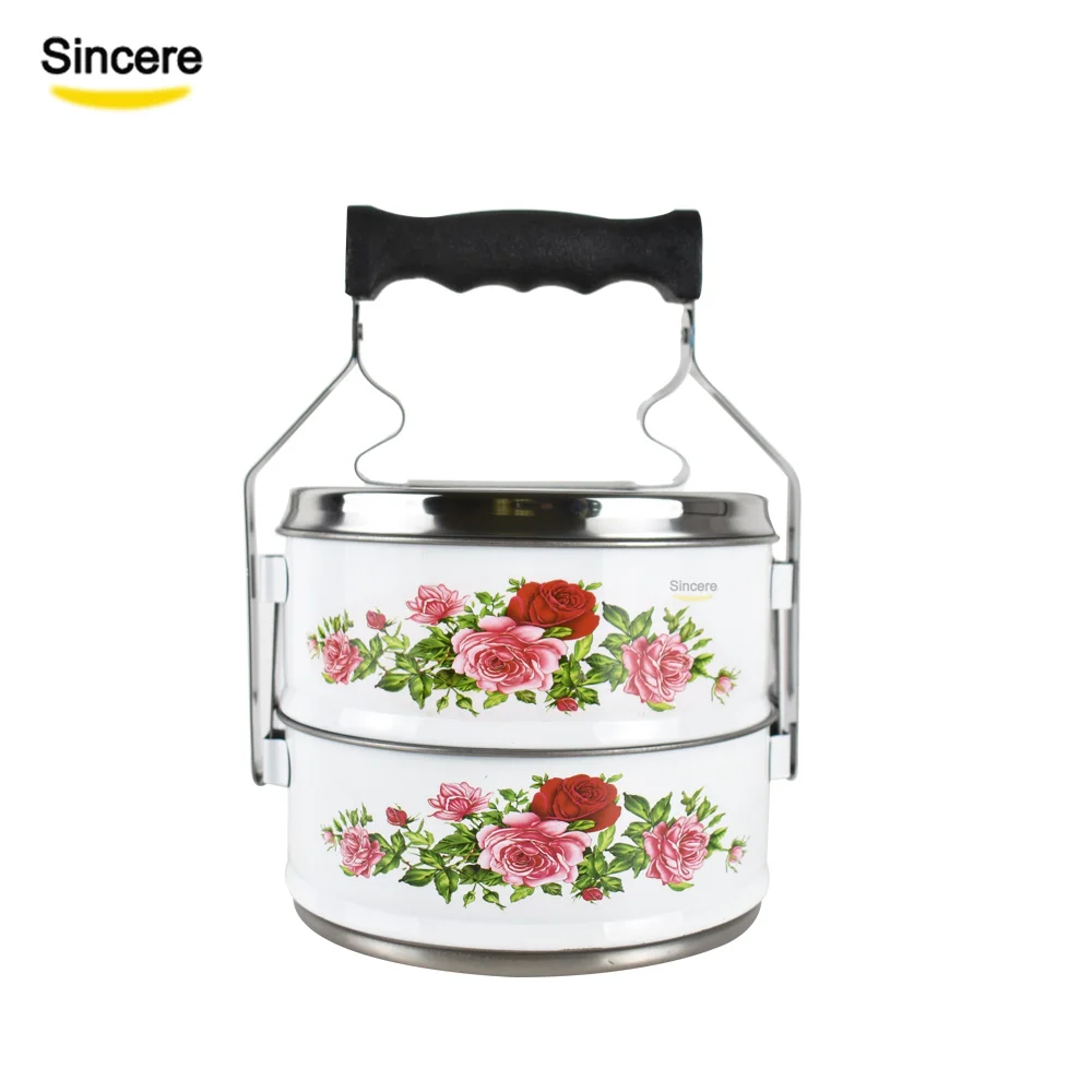 

Print flower tiffin box stainless steel food containers 2 layer, Nature color, white, pink, green