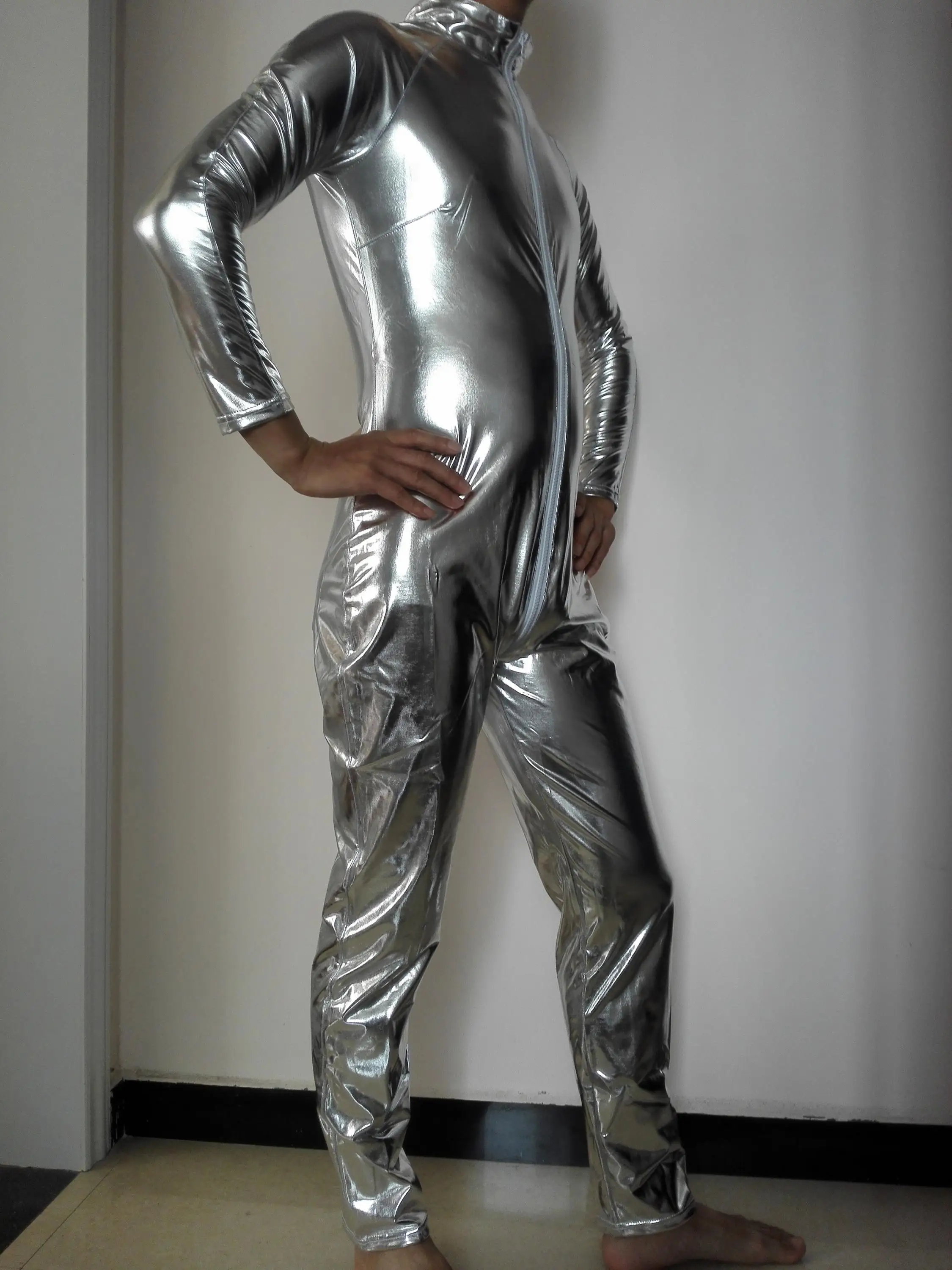 your product how package Latex Catsuit Man Men Leather Zipper Catsuit Man Shiny