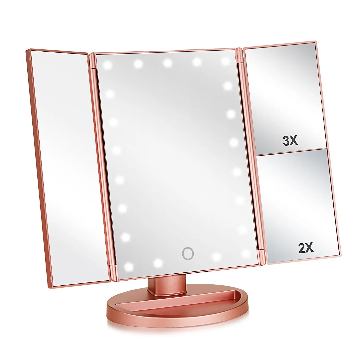 

Amazon Cosmetic LED Mirror Makeup Private label Top Sale Trifold Vanity Lighted USB Rechargeable Table Top Make Up Mirror, Customed