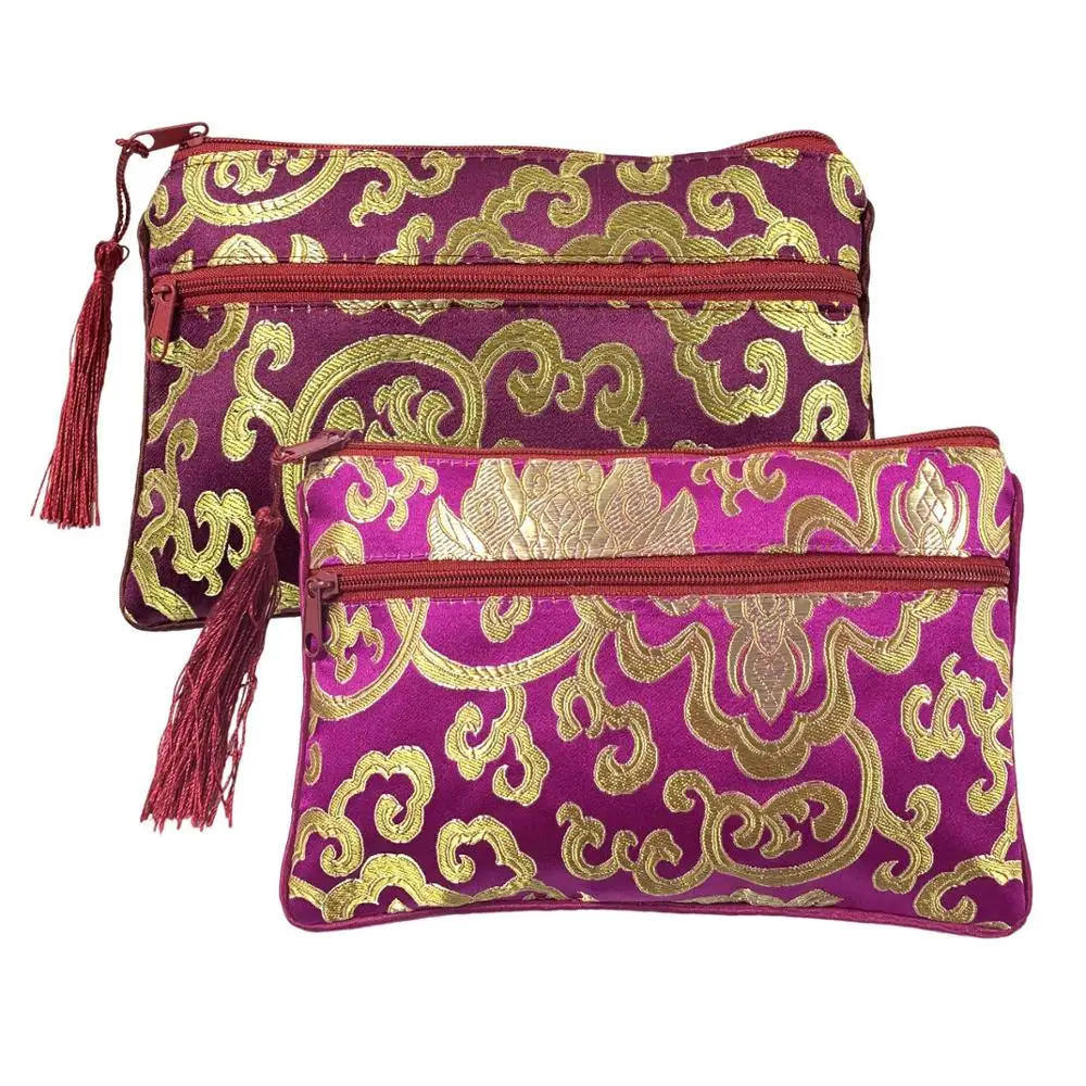 

Multifunction Chinese Style Silk Brocade Padded Tassel Double Zipper Jewelry Pouch Drawstring Coin Purse Gift Bags, Multicolor or oem