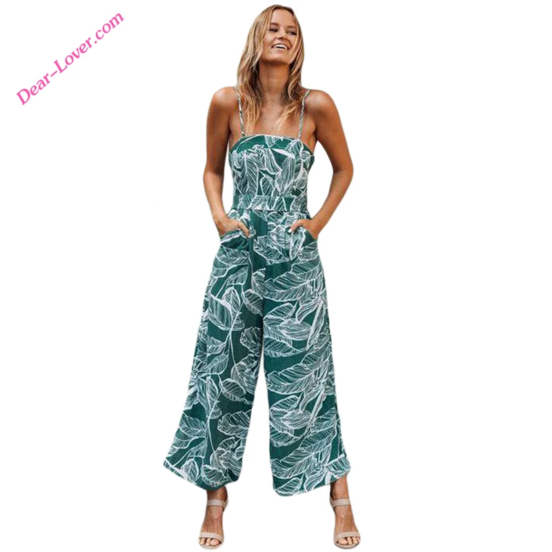 

Custom 2018 New Jumpsuit Pattern Green Palm Leaf Print Wide Leg Slim Fit Strap Jumpsuit