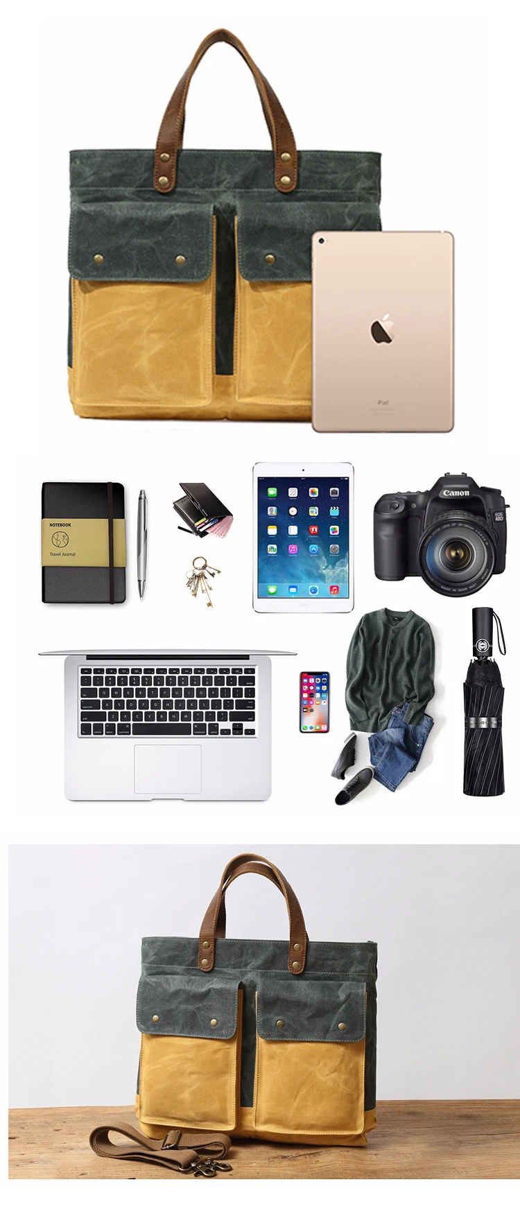 Europe designer vintage water proof waxed canvas unisex laptop briefcase shoulder messenger bag with leather trim