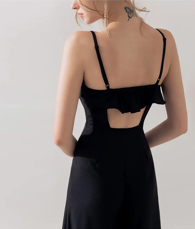 Mono Con Volantes De Pierna Ancha Para Mujer,Ropa Negra Con Espalda  Recortada,Recién Llegado,Hecho En Vietnam,Para Verano,Exportación De Todos  Los Colores - Buy Caliente Nueva Moda Corta Mono,Caliente Mono Negro Ancho  De La