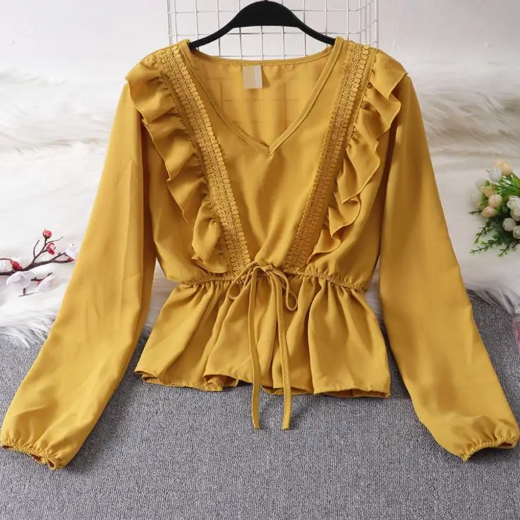 

V-Neck Lace Patchwork Vintage Blusa 2019 Spring Summer Solid Slim Fashion Tops Sash Ruffles Women Blouse, As shown