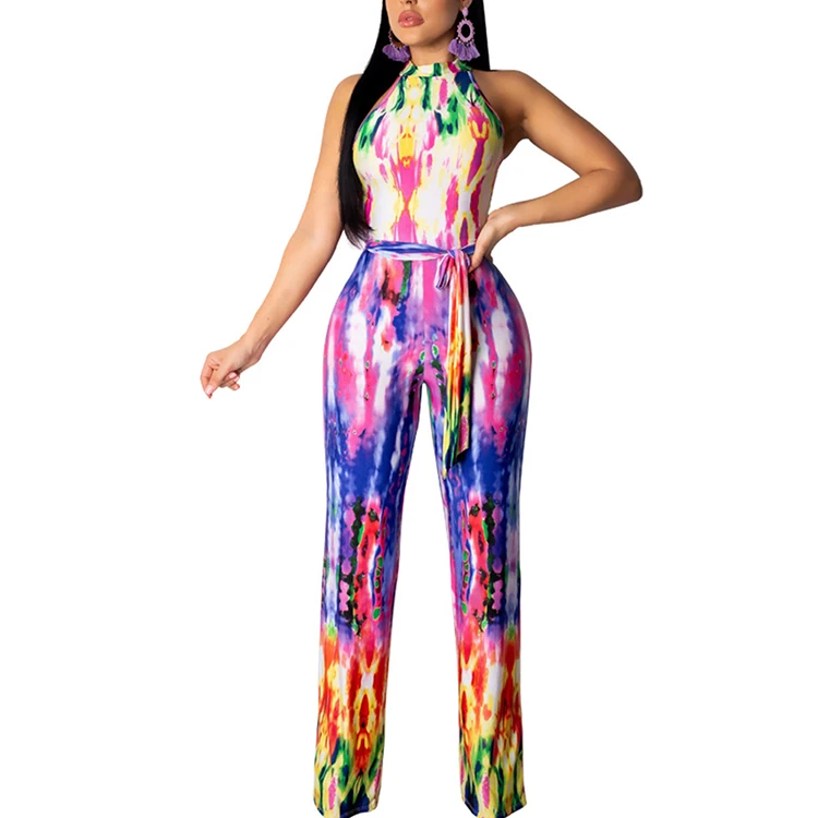 

High Quality One Piece High Waist Halter Hollow Lace-Up Sexy Color Print Jumpsuit For Women, Shown