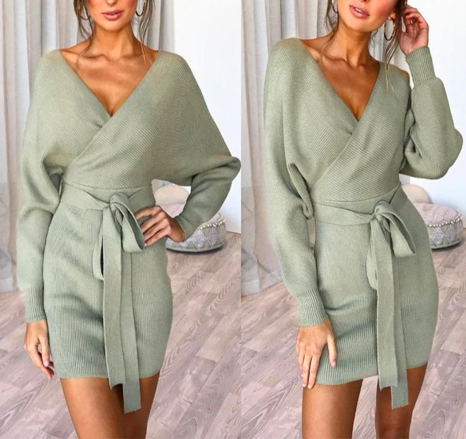 

women dress 2018 knitted mini dress autumn winter ladies sexy green sweater dress long sleeve vintage v-neck sweater, Blue;black;gray;red