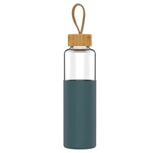 Image of Bamboo Lid Silicone Cover Glass Water Bottle Easy To take 18oz Shatter-Resistant Glass water bottle