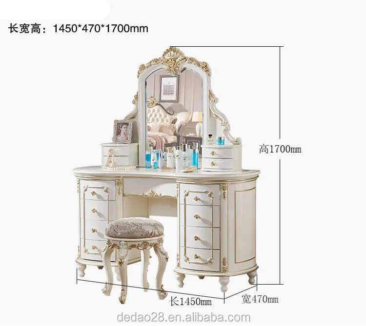 Palace Princess Desser and Stool Wood Carved Dressing Table and Chair
