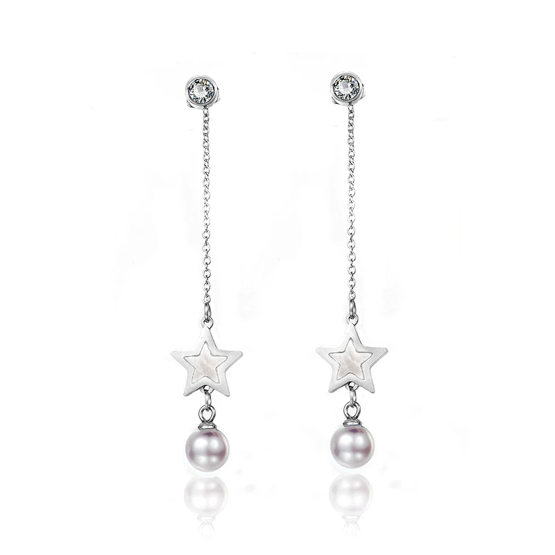 

BAOYAN Simple Cubic Zirconia Stainless Steel Pearl Star Drop Dangle Earrings